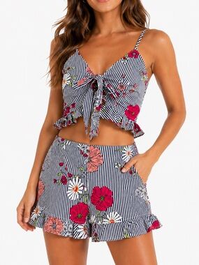 TRAC Floral Stripe Two Piece Set Ruffle Shorts & Tie Front Crop Top S